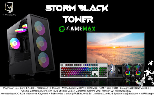 GameMax Storm | Processor: Intel Core i5 14400 – 10 Cores / 16 Threads | RAM: 16GB DDR4 | Storage: 500GB NVMe SSD |