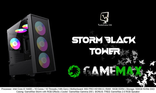 GameMax Storm Tower | Processor: Intel Core i5 14400 – 10 Cores / 16 Threads (14th Gen) | RAM: 16GB DDR4 | Storage: 500GB NVMe SSD