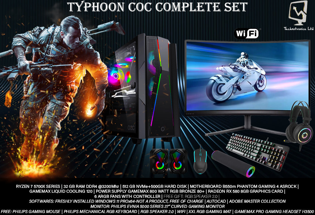 COMPLETE SET TYPHOON RYZEN 7 5700X SERIES, 32 GB RAM @3200mhz, 512 NVMe+500 GB HARD DISK, TYPHOON RYZEN 7 5700X SERIES, 32 GB RAM @3200mhz, 512 NVMe+500 GB HARD DISK, AMD RADEON RX 7600 8GB Overclock Edition