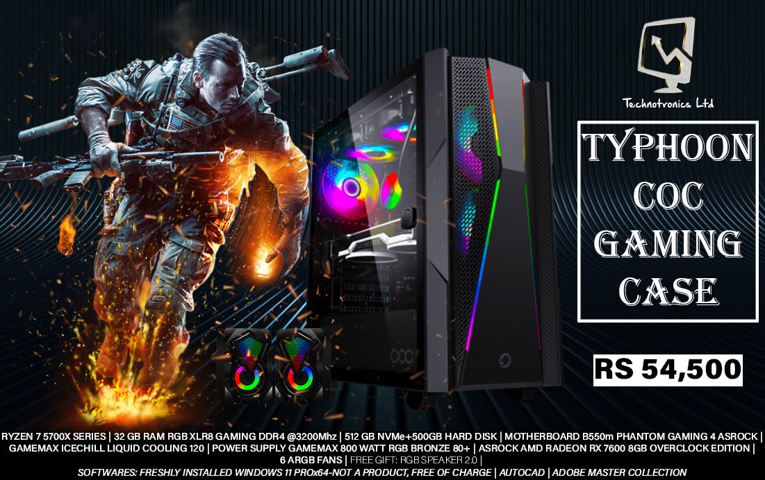 TYPHOON RYZEN 7 5700X SERIES, 32 GB RAM @3200mhz, 512 NVMe+500 GB HARD DISK, AMD RADEON RX 7600 8GB Overclock Edition GRAPH