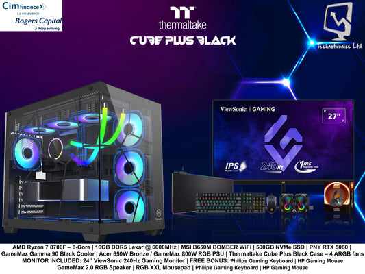 Thermaltake Cube Plus Black Set | Ryzen 7 8700F – 8 Cores | 16GB DDR5 Lexar @ 6000MHz | 500GB NVMe SSD | PNY RTX 5060