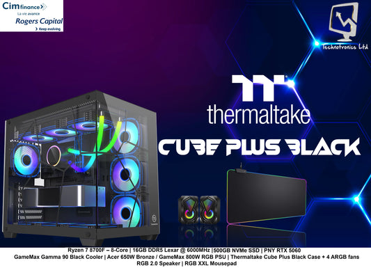Thermaltake Cube Plus Black Tower | AMD Ryzen 7 8700F – 8-Core | 16GB DDR5 Lexar @ 6000MHz | 500GB NVMe SSD | PNY RTX 5060