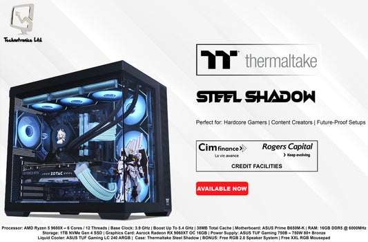 Steel Shadow Gaming Tower | Processor: AMD Ryzen 5 9600X | RAM: 16GB DDR5 | Storage: 1TB NVMe | Graphics Card: Asrock Radeon RX 9600XT OC 16GB