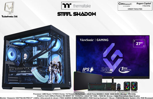 Steel Shadow Gaming Set | Processor: AMD Ryzen 7 8700f | RAM: 16GB DDR5 | Storage: 1TB NVMe | Graphics Card: Asrock Radeon RX 9060XT OC 16GB