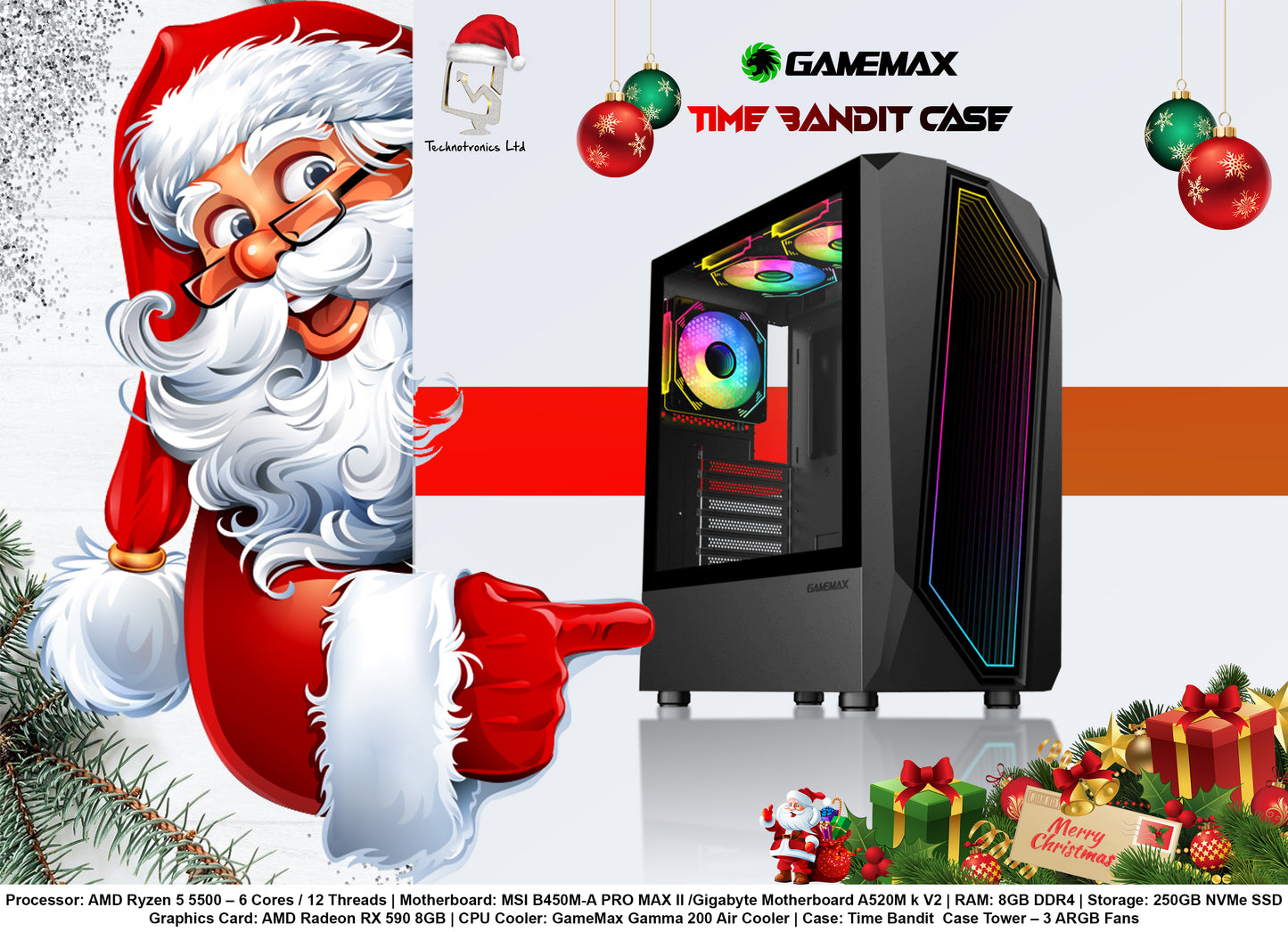GAMEMAX Time Bandit GAMING Tower | Processor: AMD Ryzen 5 5500 | Storage: 250GB NVMe SSD | RAM: 8 GB DDR4 | Graphics Card: Radeon Rx 590 8GB