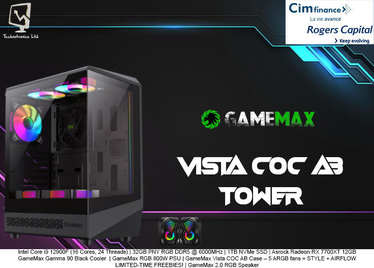 VISTA COC Tower | Intel Core i9 12900F (12 Cores, 20 Threads) | 32GB PNY RGB DDR5 @ 6000MHz | 1TB NVMe SSD | Asrock Radeon RX 7700XT 12GB