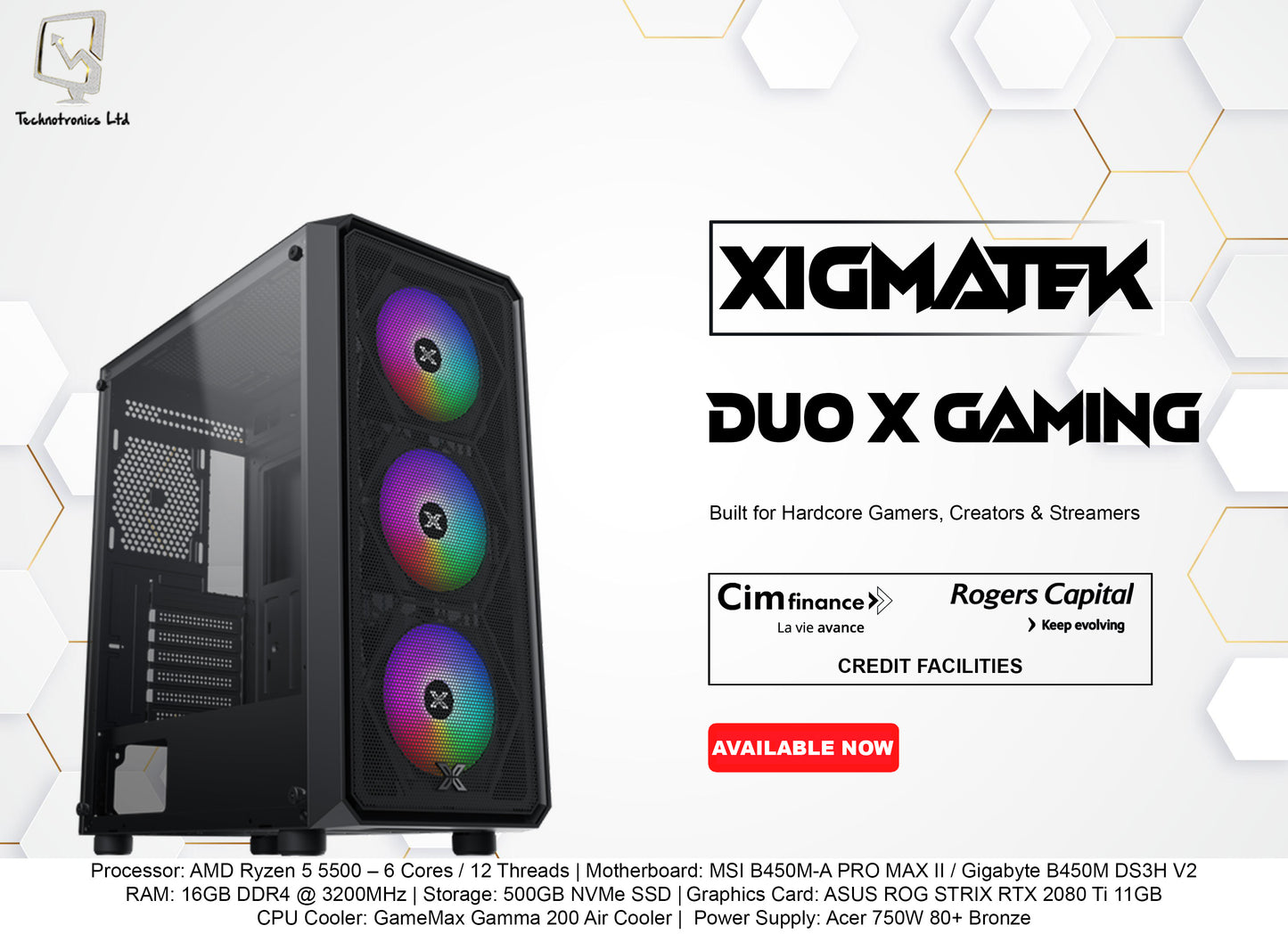 Xigmatek Duo X GAMING TOWER | Processor: AMD Ryzen 5 5500 | RAM: 16GB DDR4 | Storage: 500GB NVMe | Graphics Card: ASUS ROG STRIX RTX 2080 Ti 11GB