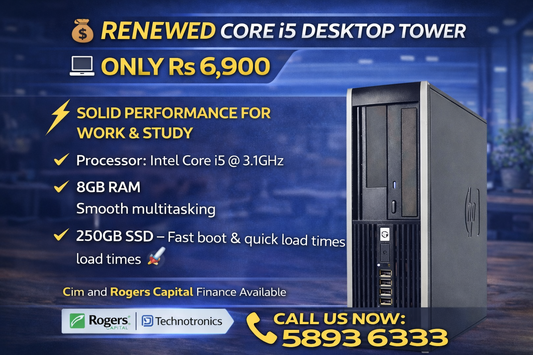 Renewed Core i5 Tower only at Rs 6900 Core i5 @3.1 Ghz 8GB Ram Storage: 250 GB SSD