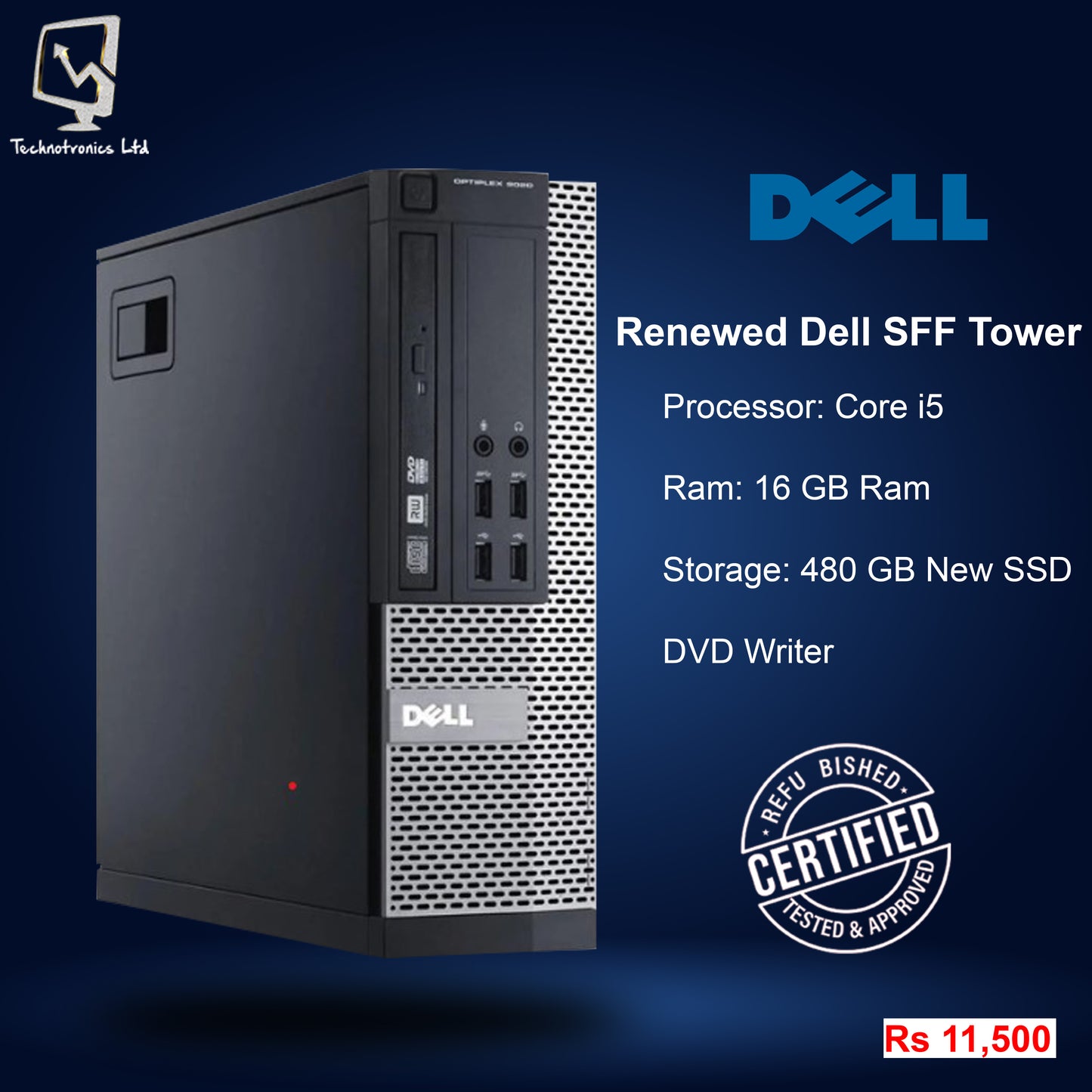Renewed Dell Tower, Core i5, 16 GB Ram, 480 GB SSD, DVD Writer