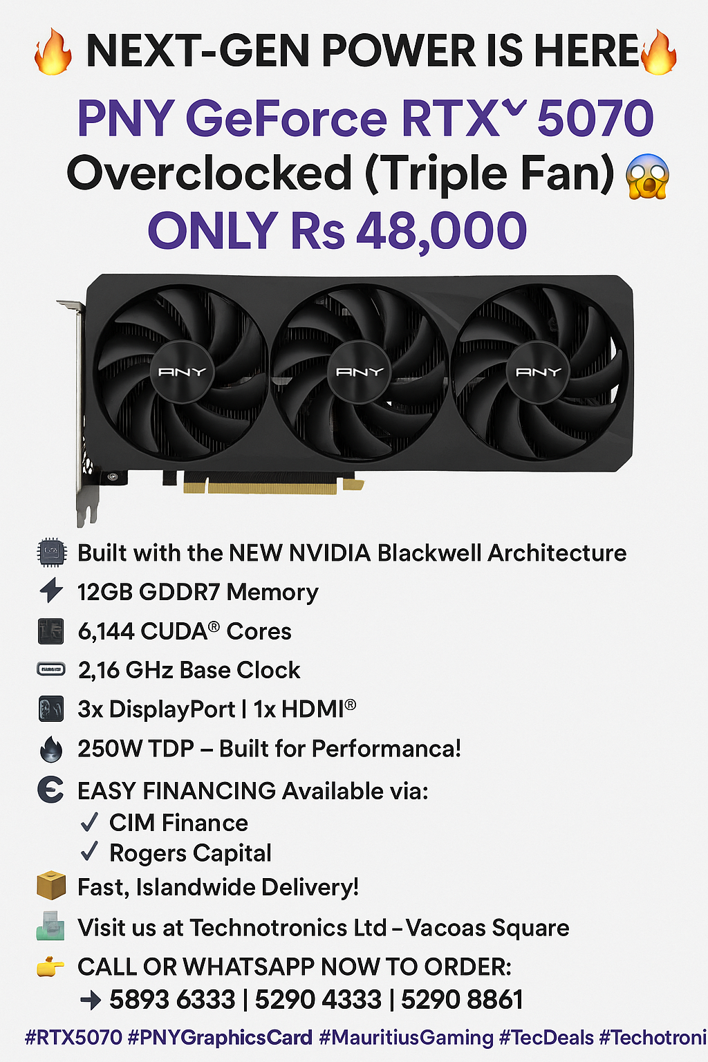 PNY GeForce RTX™ 5070 Overclocked Triple Fan GPU