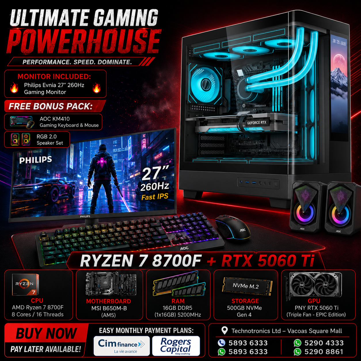 Complete Set ACER GAMING TOWER (BLACK / WHITE) | RYZEN 7 8700F | RAM: 16GB DDR5 | 500GB NVMe Gen 4 | RTX 5060 Ti