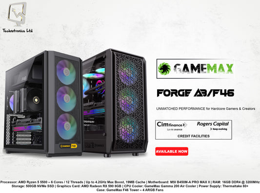 GAMEMAX Forge/ F46 GAMING TOWER | Processor: AMD Ryzen 5 5500 | RAM: 16GB DDR4 | Storage: 500GB NVMe SSD | Graphics Card: AMD Radeon RX 590 8GB - Black Friday Sale