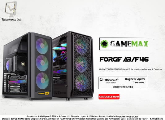 GAMEMAX Forge/ F46 GAMING TOWER | Processor: AMD Ryzen 5 5500 | RAM: 16GB DDR4 | Storage: 500GB NVMe SSD | Graphics Card: AMD Radeon RX 590 8GB