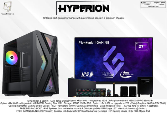 HYPERION GAMING SET | CPU: Ryzen 5 9600X | RAM: 16GB DDR5 | Storage: 500GB NVMe SSD | Graphics: NVIDIA RTX 5060