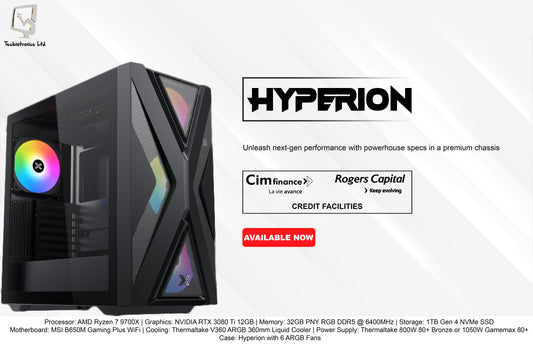 Hyperion Tower | Processor: AMD Ryzen 7 9700X | Graphics: NVIDIA RTX 3080 Ti 12GB | Memory: 32GB PNY RGB DDR5 @ 6400MHz | Storage: 1TB Gen 4 NVMe SSD