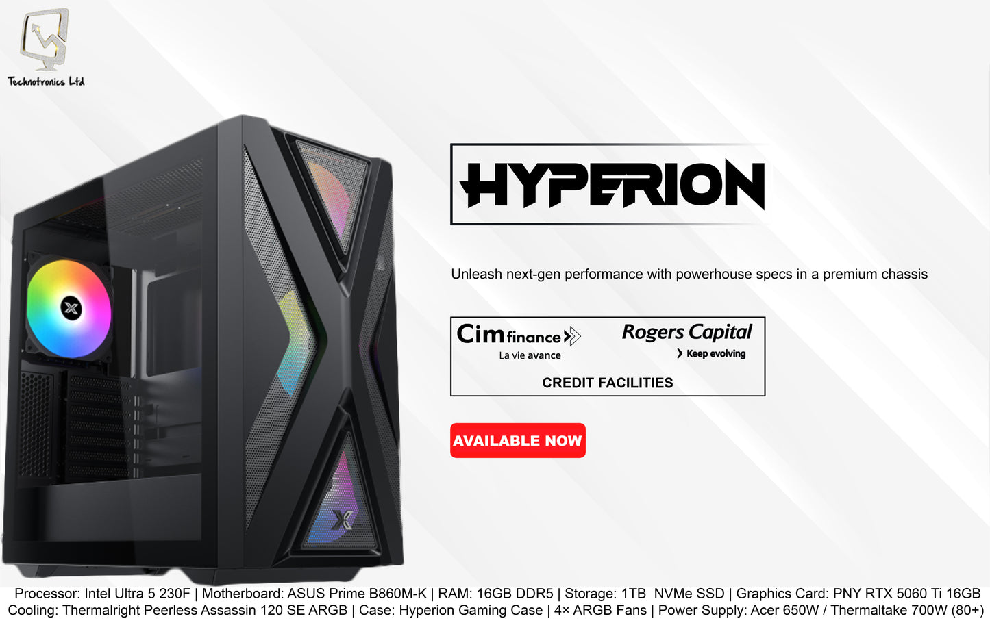 Hyperion Gaming Tower- Intel Ultra 5 230F + RTX 5060 Ti 16GB