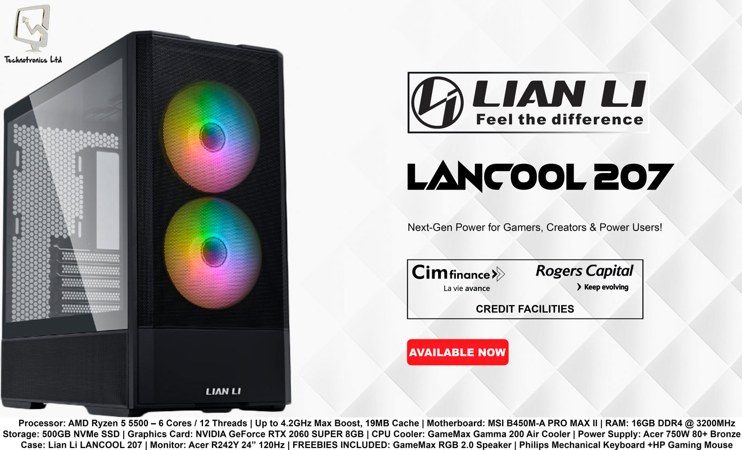 LIAN LI LANCOOL 207 Tower | AMD Ryzen 5 5500 | RAM: 16GB DDR4 | Storage: 500GB NVMe SSD | Graphics Card: NVIDIA GeForce RTX 2060 SUPER 8GB