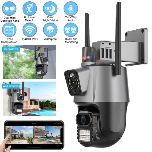 Outdoor PTZ IP WiFi Camera (iCSee) Wireless Security Surveillance Camera with Infrared Night Vision and Dual Color Screen
