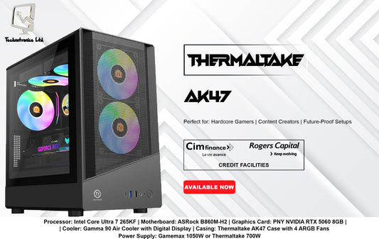 Thermaltake AK47 Tower | Processor: Intel Core Ultra 7 265KF | Storage:1 TB NVMe SSD | RAM: 32GB Kingston DDR5 | Graphics Card: PNY NVIDIA RTX 5060 8GB