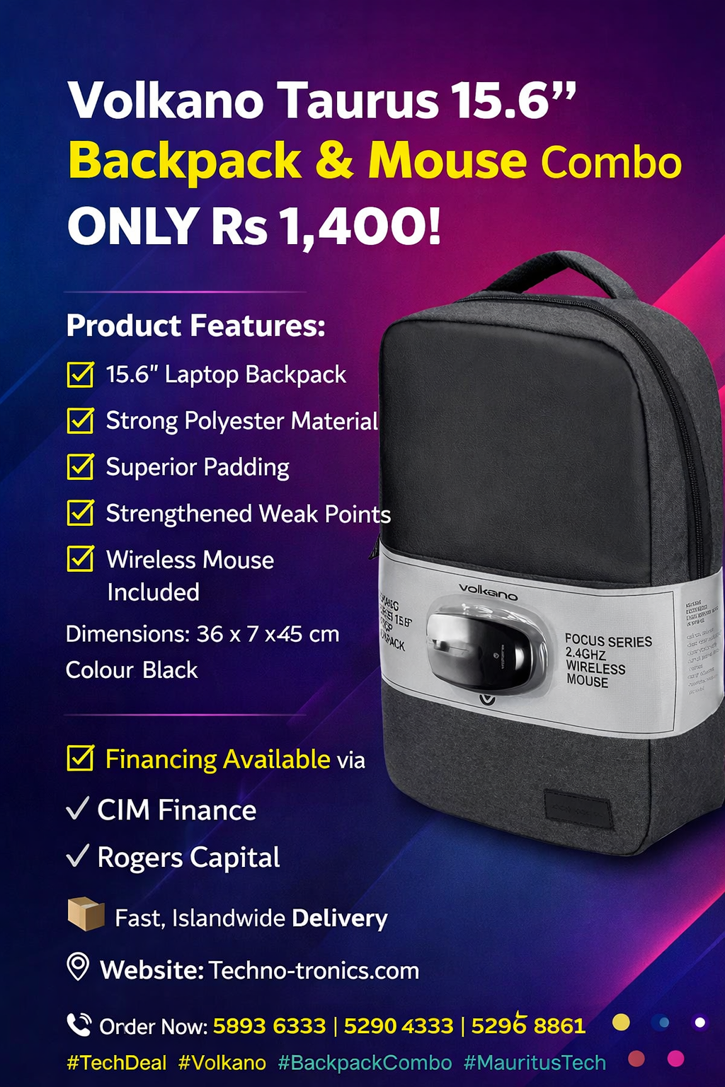 Volkano Taurus 15.6” Backpack + Wireless Mouse