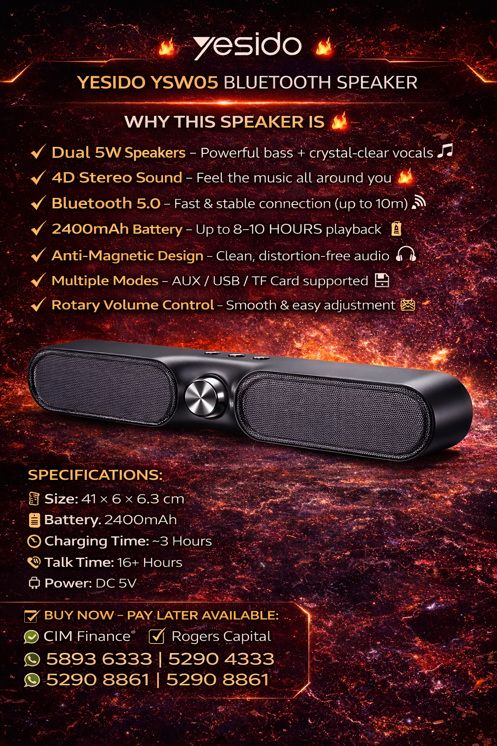 YESIDO Sound bar YSW05 Rechargeable Stereo Bass Bluetooth 5.0 Speaker Music Player Sub Support TF U-Disk
