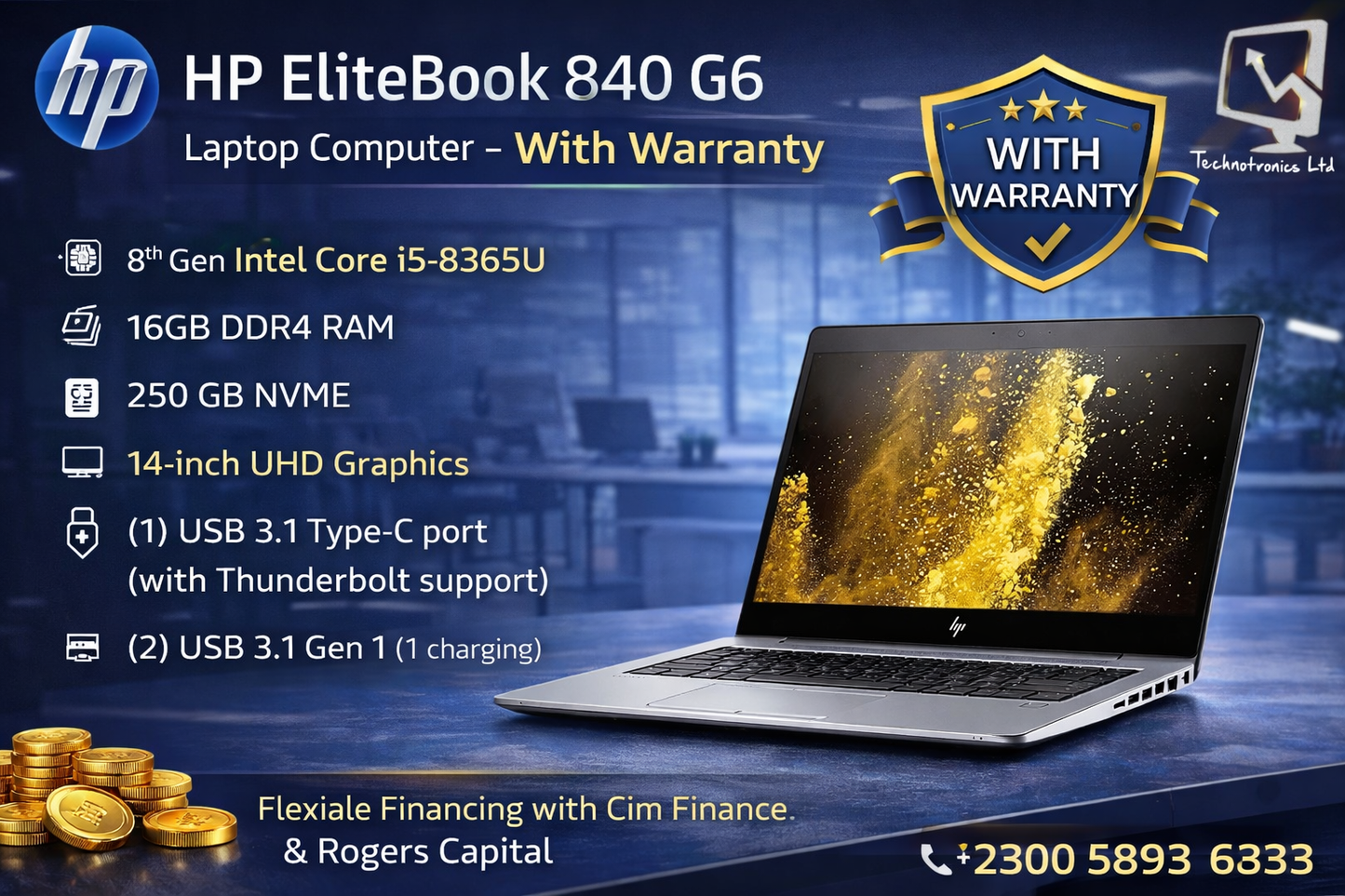 Renewed HP EliteBook 840 G6- Intel Core i5 . 16GB Ram DDR4. 250 GB Nvme