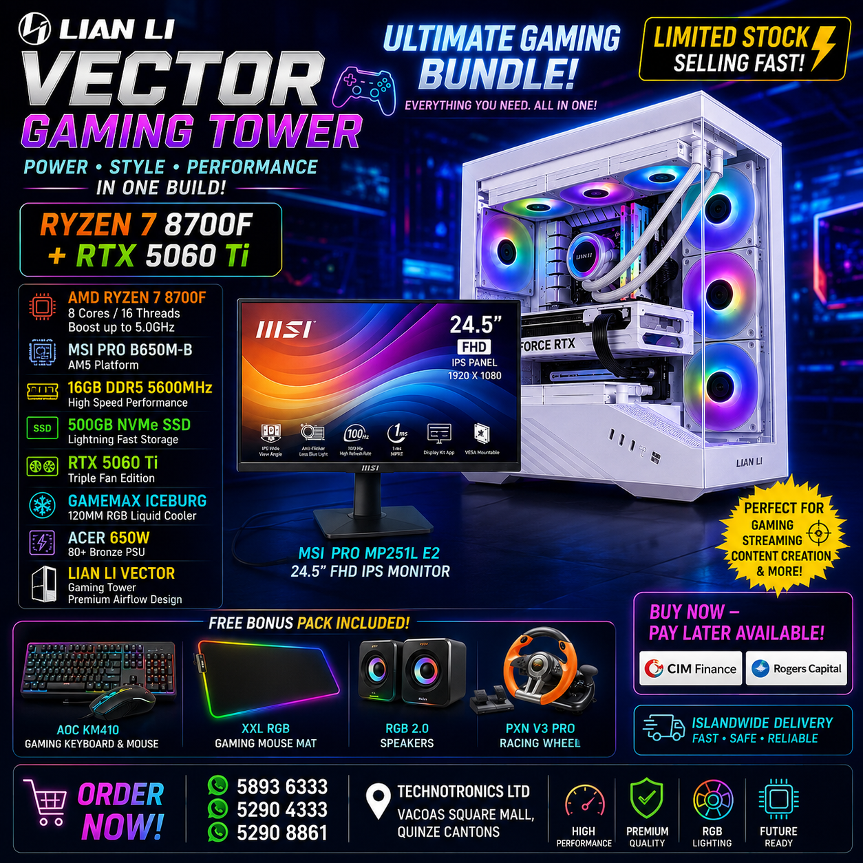 LIAN LI VECTOR GAMING TOWER – HIGH-END GAMING SETUP! 🔥 💥 Ryzen 7 8700F + RTX 5060 Ti + MSI 24.5” IPS Monitor + FREE Racing Wheel!