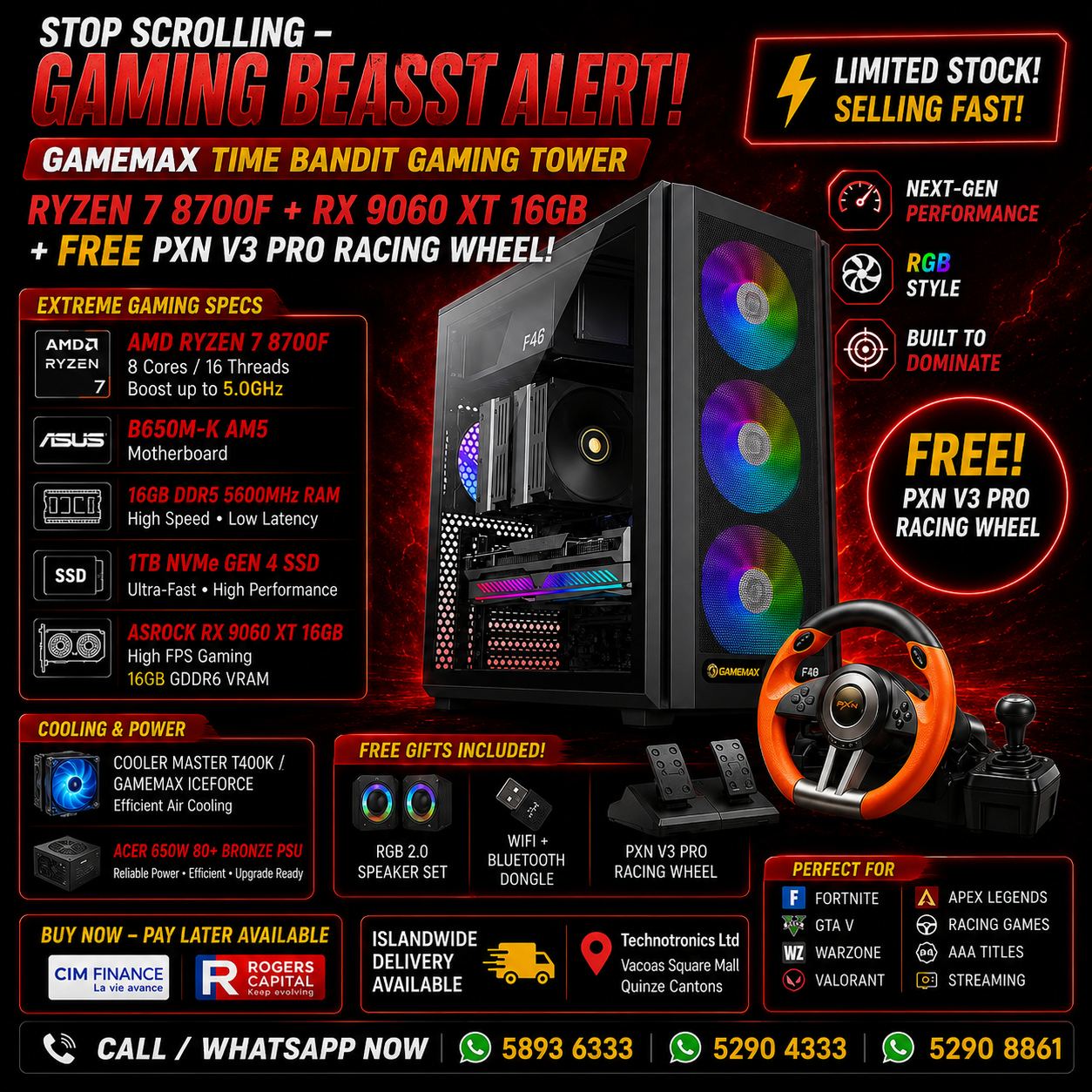 GAMEMAX F46 GAMING TOWER 🔥🔥  💥 RYZEN 7 8700F / RX 9060 XT 16GB / FREE PXN V3 PRO RACING WHEEL! 💥