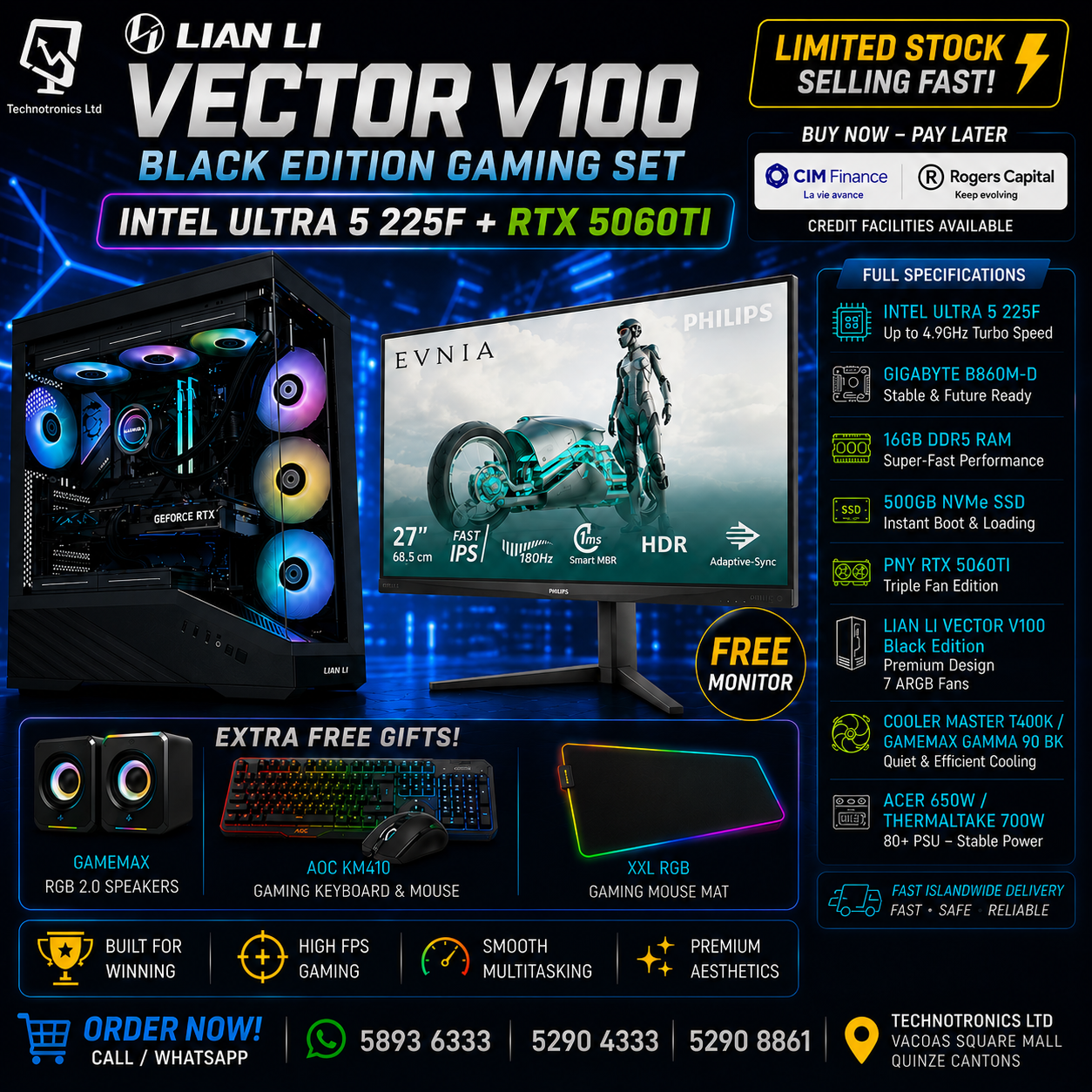 Lian Li Vector V100 Black Edition Gaming Set | Intel Ultra 5 225F CPU | 16GB DDR5 RAM | 500GB NVMe SSD | PNY RTX 5060TI