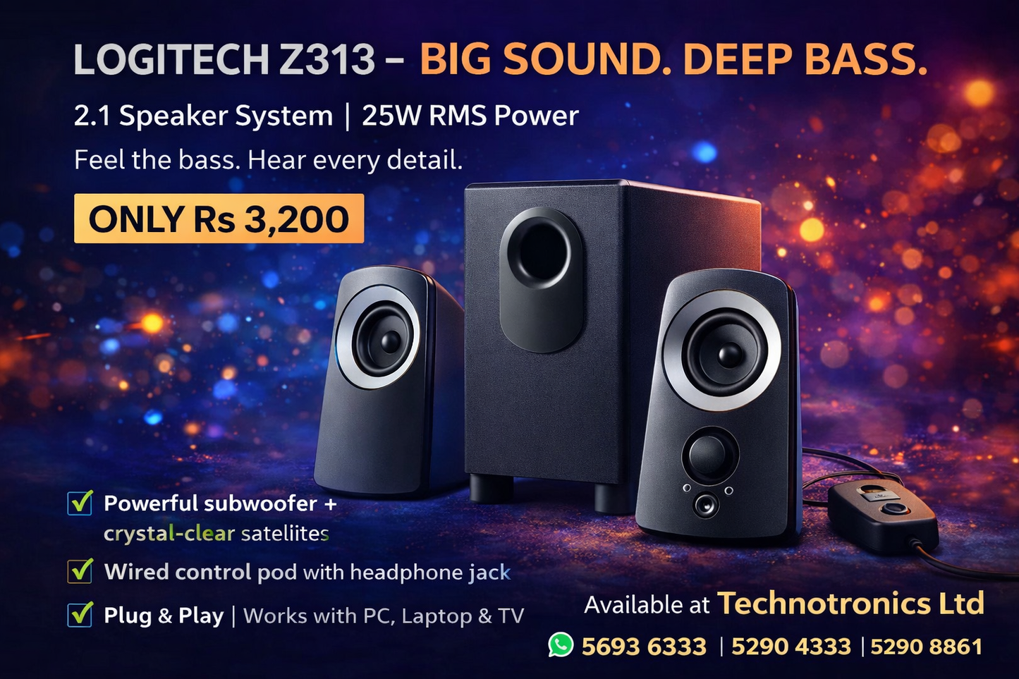 Logitech Z313 2.1 Multimedia Speaker System with Subwoofer, Full Range Audio, 50 Watts Peak Power- Computer Speaker