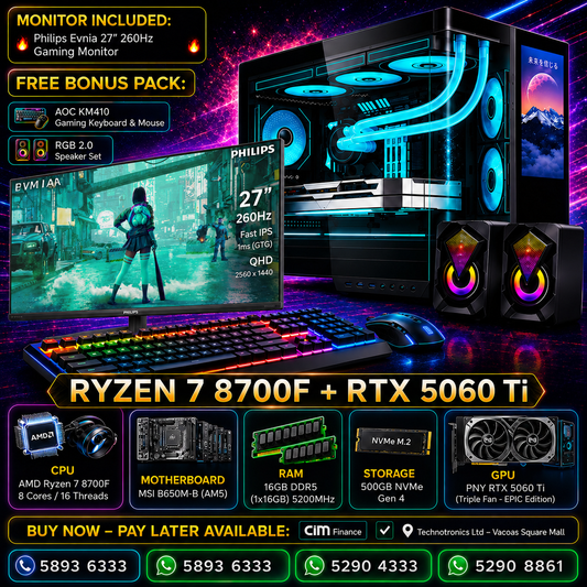 Complete Set ACER GAMING TOWER (BLACK / WHITE) | RYZEN 7 8700F | RAM: 16GB DDR5 | 500GB NVMe Gen 4 | RTX 5060 Ti