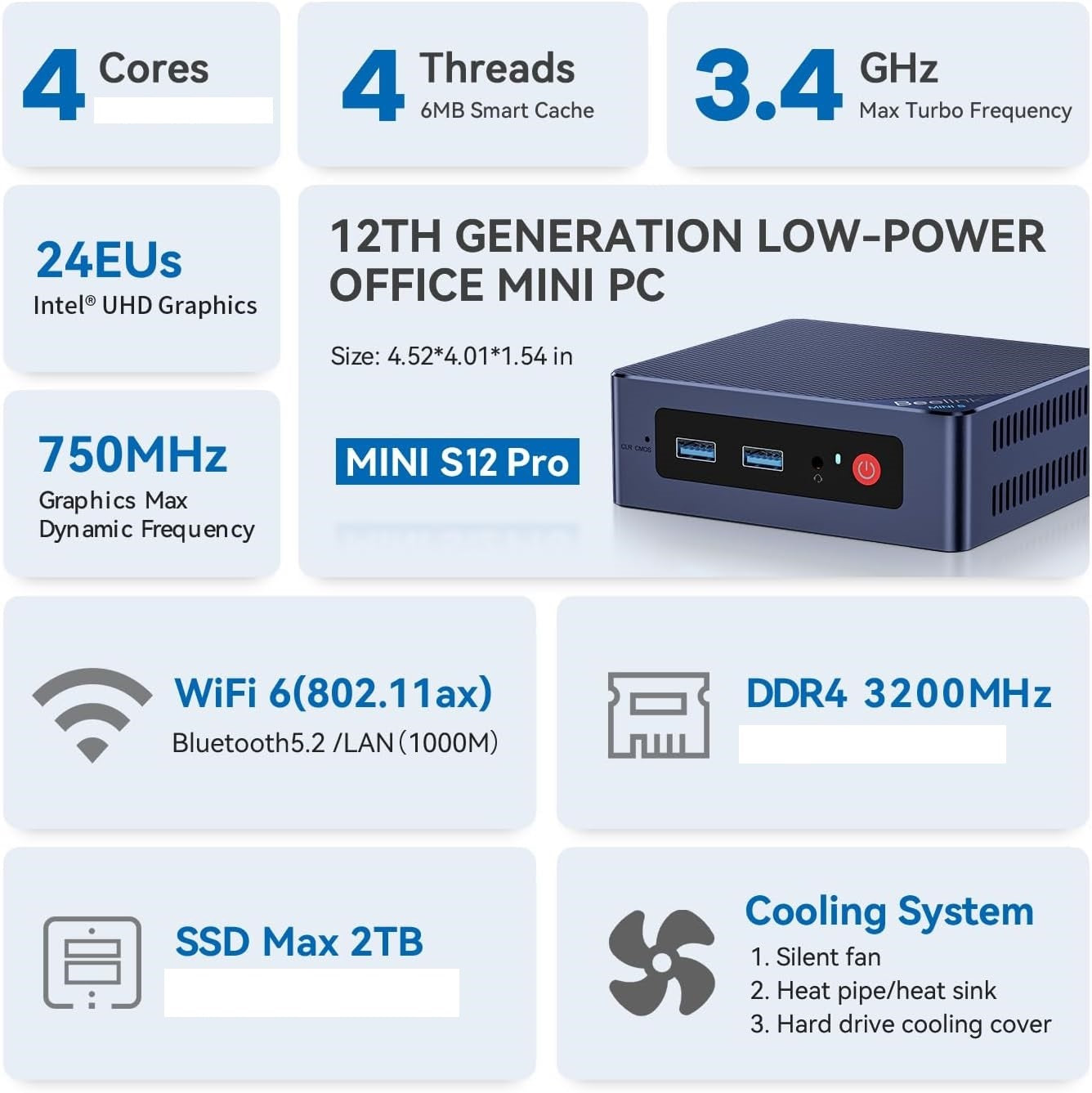 Beelink Mini S12 Pro Mini PC- N95 12th Gen Processor, 8 Gb Ram , 250 GB PCIE Nvme