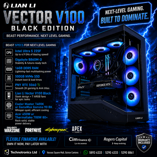 Lian Li Vector V100 Black Edition Gaming Tower |  Intel Ultra 5 225F CPU | 16GB DDR5 RAM | 500GB NVMe SSD | PNY RTX 5060TI