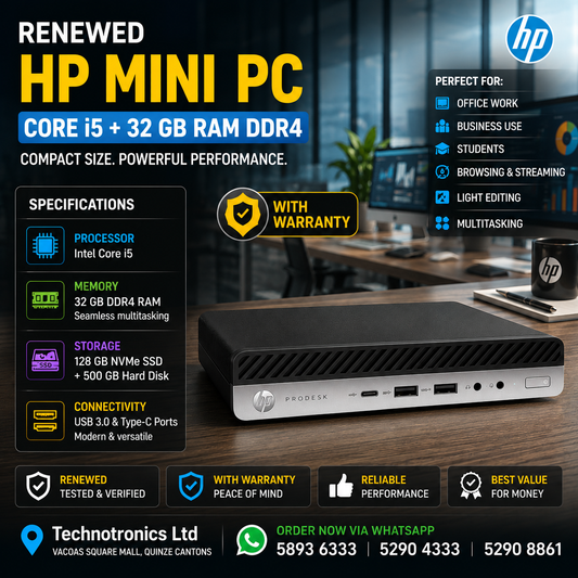 Renewed HP Mini PC |  Processor: Intel Core i5 – 8th Gen | Memory: 32 GB DDR4 RAM | Storage: 128GB NVMe +500 GB Hard Disk