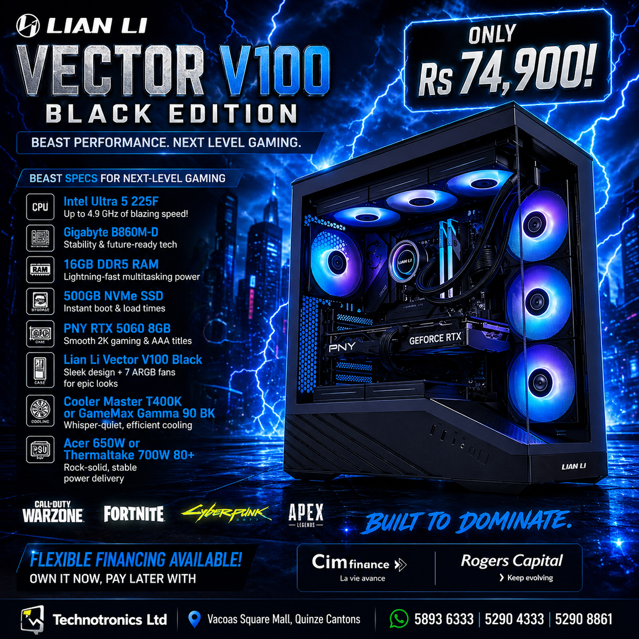 Lian Li Vector V100 Black Edition Gaming Tower |  Intel Ultra 5 225F CPU | 16GB DDR5 RAM | 500GB NVMe SSD | PNY RTX 5060 8GB