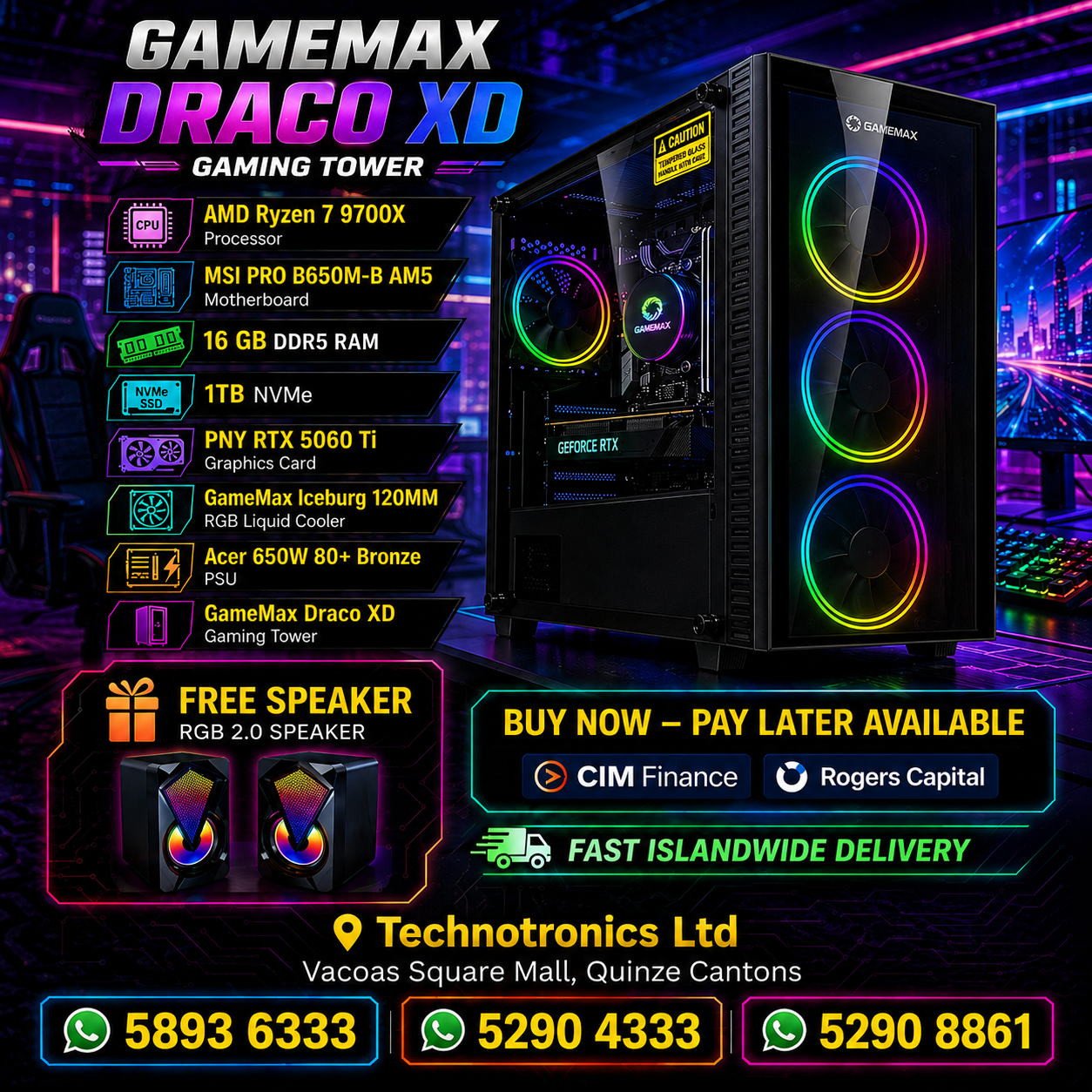 GAMEMAX DRACO XD GAMING TOWER- RYZEN 7 9700X + RTX 5060 Ti