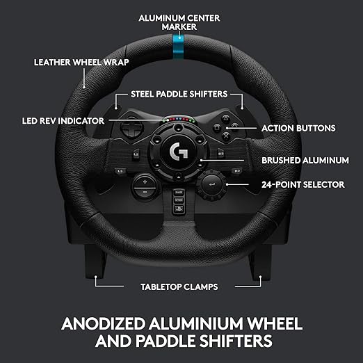 Logitech G923 Racing Wheel and Pedals  Featuring TRUEFORCE  Responsive Pedal, Dual Clutch Launch Control, and Genuine Leather Wheel Cover