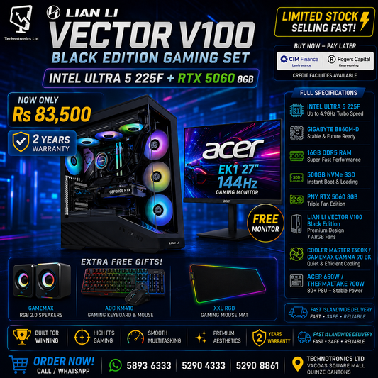 Lian Li Vector V100 Black Edition Gaming Set | Intel Ultra 5 225F CPU | 16GB DDR5 RAM | 500GB NVMe SSD | PNY RTX 5060 8GB