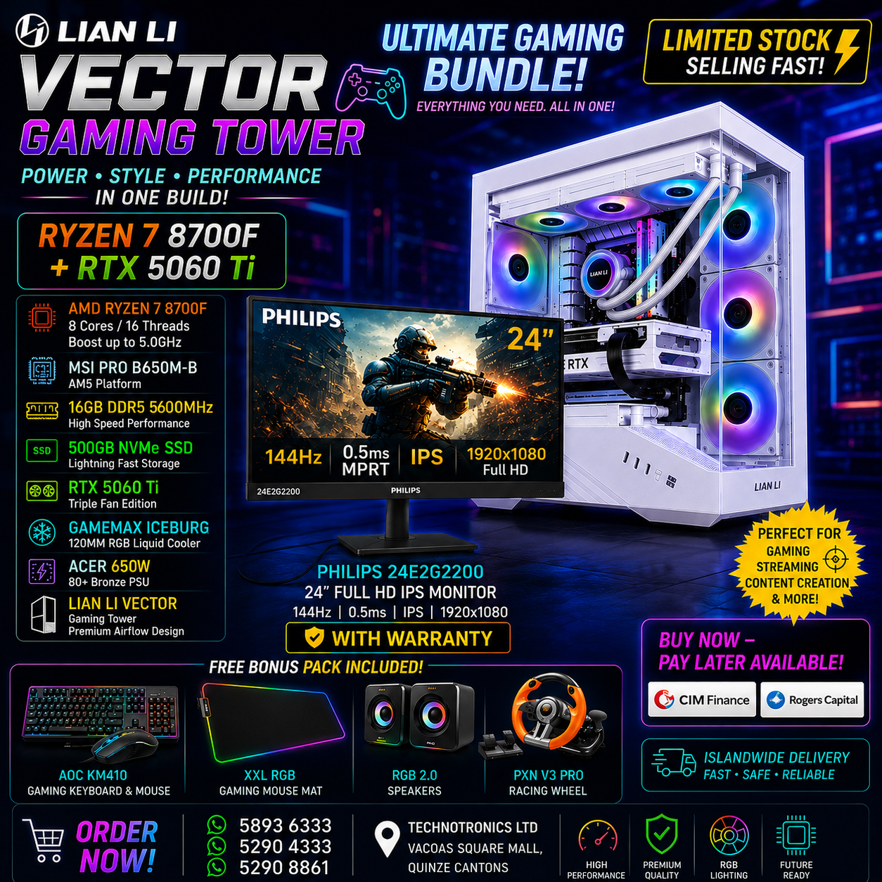 LIAN LI VECTOR GAMING SET – HIGH-END GAMING SETUP | AMD Ryzen 7 8700F |  RAM 16GB DDR5 | 500GB NVMe SSD | RTX 5060 Ti | FREE Racing Wheel!