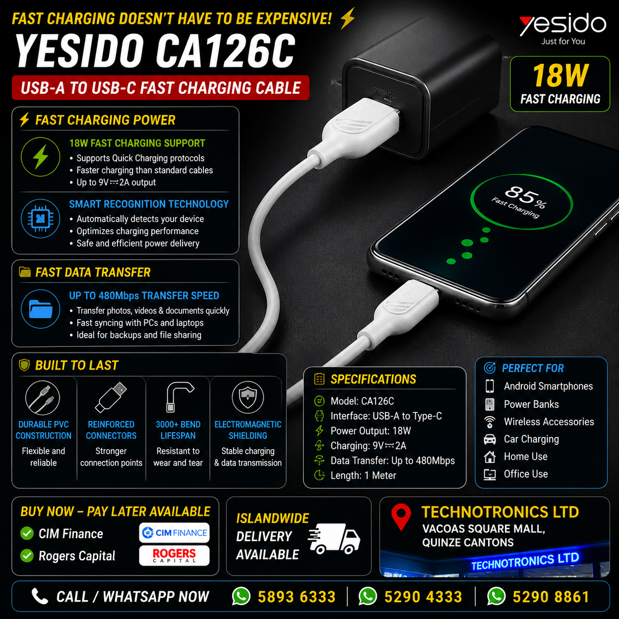 YESIDO CA126C USB-A to USB-C Fast Charging Cable