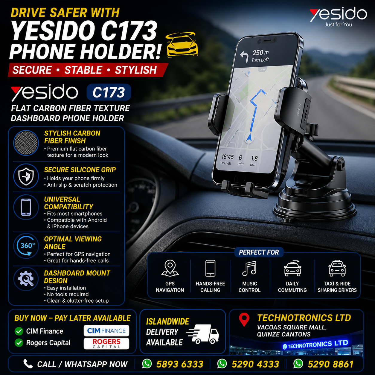 Source Yesido C173 Flat Carbon Fiber Texture Holder with Hollow Silicone Dashboard Using Phone Holder- Vehicle