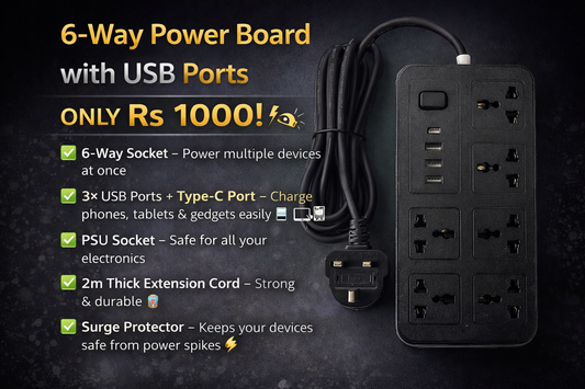 6-Way Power Board with USB Ports Power Surge Protector