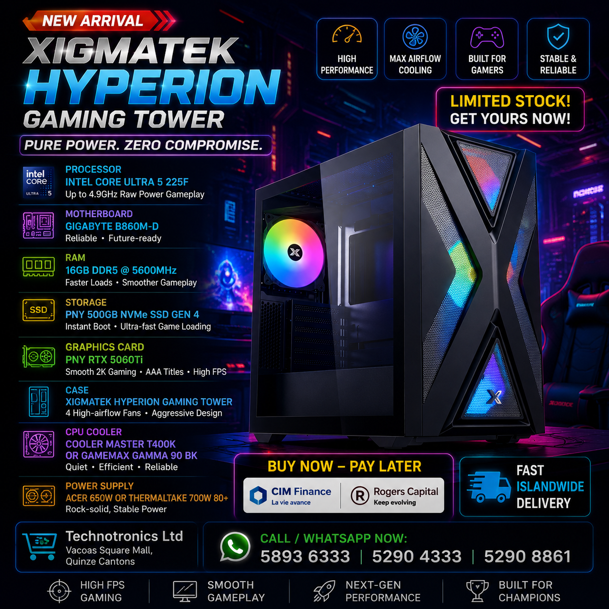 XIGMATEK HYPERION GAMING TOWER- Core Ultra 5, 16 GB Ram DDr5 ,500 GB Nvme, RTX 5060TI
