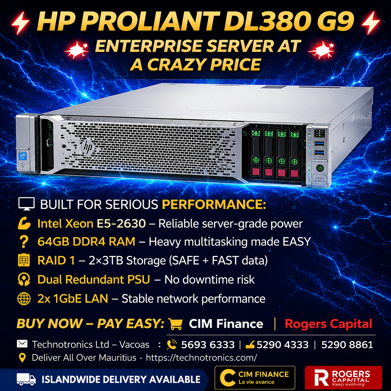 HP PROLIANT DL380 G9 Server - Intel Xeon E5-2630 -64GB RAM, 3TB STorage on  Raid 1