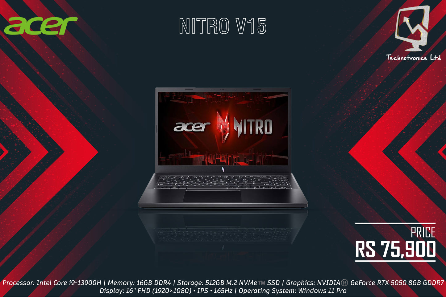 ACER NITRO V15 | Processor: Intel Core i9-13900H | Memory: 16GB DDR4 |  Storage: 512GB M.2 NVMe™️ SSD | Graphics: NVIDIA®️ GeForce RTX 5050 8GB GDDR7