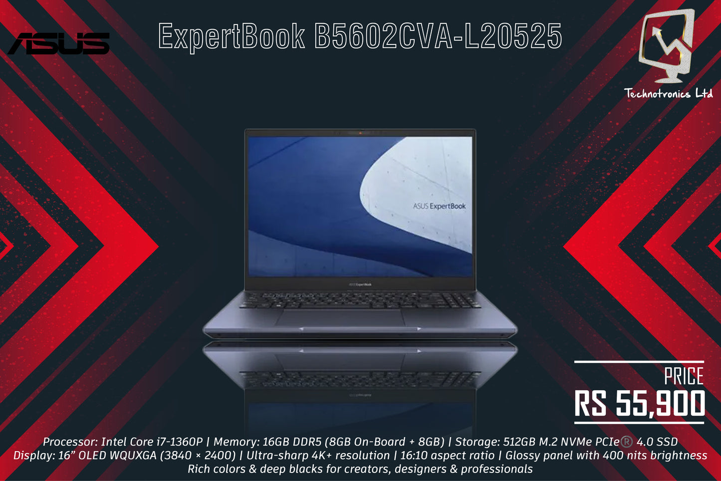 ASUS ExpertBook B5602CVA-L20525 | Processor: Intel Core i7-1360P | Memory: 16GB DDR5 | Storage: 512GB M.2 NVMe PCIe |  Display: 16” OLED WQUXGA | Ultra-sharp 4K+ resolution