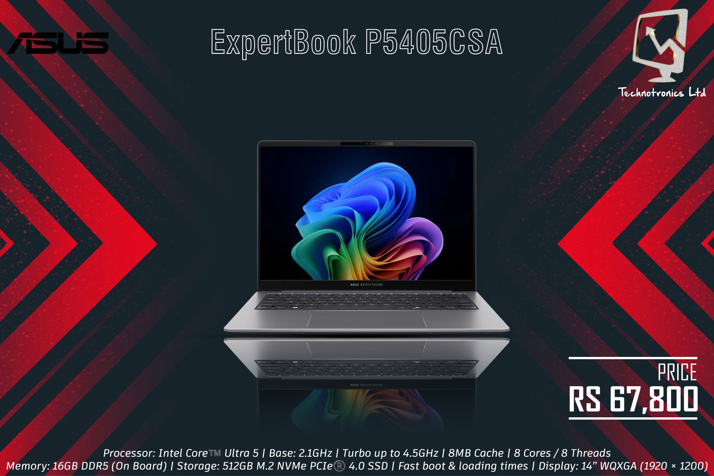 Laptop Asus ExpertBook P5405CSA-U516512G0X | Processor: Intel Core™️ Ultra 5 | Memory: 16GB DDR5 | Storage: 512GB M.2 NVMe PCIe | Display: 14” WQXGA (1920 × 1200)