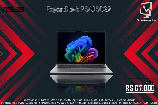 Laptop Asus ExpertBook P5405CSA-U516512G0X | Processor: Intel Core™️ Ultra 5 | Memory: 16GB DDR5 | Storage: 512GB M.2 NVMe PCIe | Display: 14” WQXGA (1920 × 1200)