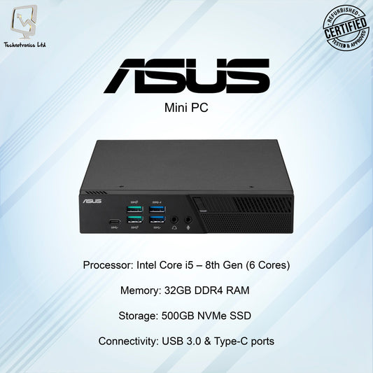 Renewed Asus Mini PC |  Processor: Intel Core i5 – 8th Gen | Memory: 32GB DDR4 RAM | Storage: 500GB NVMe SSD