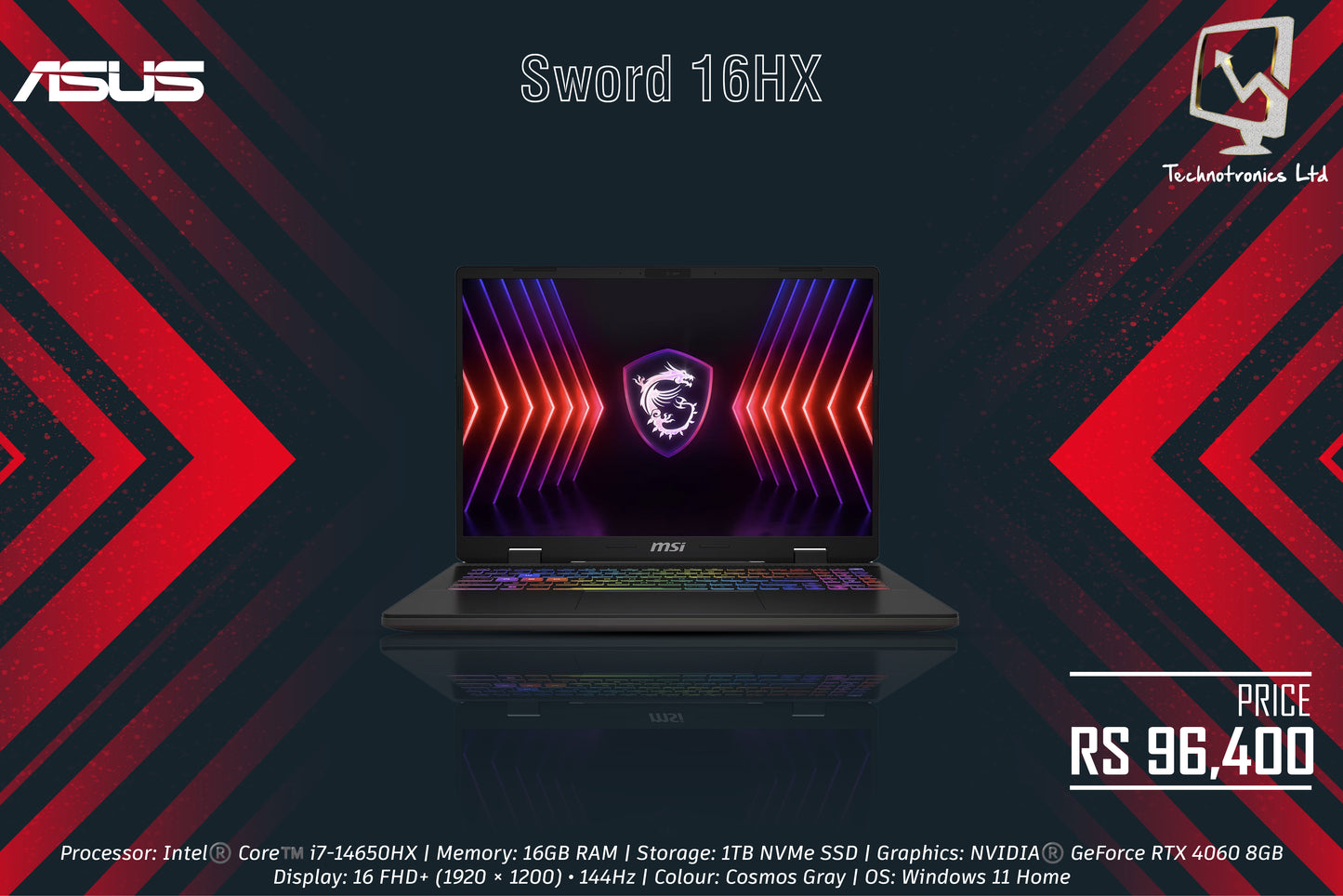 MSI Sword 16HX Gaming Laptop |  Processor: Intel®️ Core™️ i7-14650HX | Memory: 16GB RAM | Storage: 1TB NVMe SSD | Graphics: NVIDIA®️ GeForce RTX 4060 8GB |